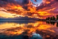 Sunset over Lake Garda in Italy with reflection in the water, Bright sunset over Lake Geneva, Switzerland, with golden clouds Royalty Free Stock Photo