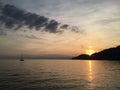 Sunset over Lake Geneva with mountain and boat in view Royalty Free Stock Photo