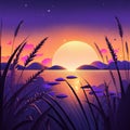 Sunset Over The Lake With Grass And Reeds. Vector Illustration. Generative AI