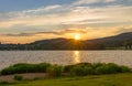 Sunset over Lake Lipno with stand up paddel Royalty Free Stock Photo