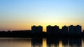 Sunset over lake in Minsk, the Chizhovka district. Belarus