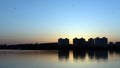 Sunset over lake in Minsk, the Chizhovka district. Belarus