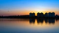 Sunset over lake in Minsk, the Chizhovka district. Belarus