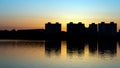 Sunset over lake in Minsk, the Chizhovka district. Belarus