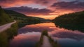 sunset over the lake _A lake and a road at sunset with a stunning reflection. The image shows a calm and serene scene Royalty Free Stock Photo