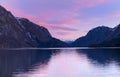 Sunset over Lake Sandvinvatnet from a campground in the town of Odda, Norway, Scandinavia Royalty Free Stock Photo