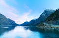 Sunset over Lake Sandvinvatnet from a campground in the town of Odda, Norway, Scandinavia Royalty Free Stock Photo