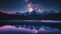 sunset over lake A starry night over a snowy mountain range. The Milky Way galaxy is visible in the sky, Royalty Free Stock Photo