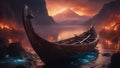 sunset over the lake Viking A fantasy long boat on the rocks at a lake of fire, with volcanoes,