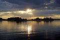 Sunset over the lake on a warm summer day. June sky and beautiful clouds. H orizon and reflection.