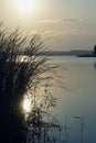 Sunset over the lake. Warm summer quiet evening. Landscape. Horizontal shot Royalty Free Stock Photo