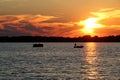 Sunset over Lake Washington with Pontoon and Fishing Boat