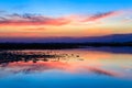 Sunset over lake water with dramatic blue sky Royalty Free Stock Photo