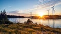 Sunset over a lake with wind turbines in the foreground and trees in the background, generative ai