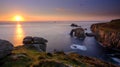 Sunset over Land`s End, Longships and the islands of the Armed Knight and Enys Dodnan, Cornwall, UK Royalty Free Stock Photo