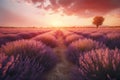 Sunset over lavender field nature aroma. Generate Ai Royalty Free Stock Photo