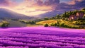 Sunset over lavender field in Tuscany, Italy, AI Generated