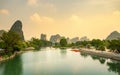 Sunset over Li river in Yangshuo city area Royalty Free Stock Photo