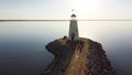 Sunset over Lighthouse at East Wharf on Lake Hefner, Oklahoma City, Oklahoma, USA in aerial view Royalty Free Stock Photo