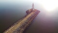 Sunset over Lighthouse at East Wharf on Lake Hefner, Oklahoma City, Oklahoma, USA in aerial view Royalty Free Stock Photo