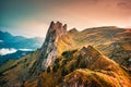 Sunset over majestic rocky mountain ridge of Saxer Lucke, Swiss Alps in autumn at Switzerland Royalty Free Stock Photo