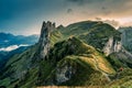 Sunset over majestic rocky mountain ridge of Saxer Lucke, Swiss Alps in autumn at Switzerland Royalty Free Stock Photo