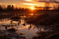 a sunset over a marshy field with trees in the background Royalty Free Stock Photo