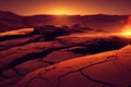 Sunset over Martian desert cracks. Rustic Martian landscape at twilight. AI-generated