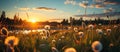 Sunset over the meadow with daisies and mountains in the background Royalty Free Stock Photo