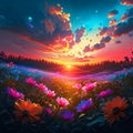 Sunset over the meadow with daisies. Vector illustration. AI Generated Royalty Free Stock Photo