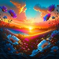 Sunset over meadow with daisies. Vector illustration. AI generated Royalty Free Stock Photo