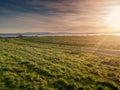 Sunset over a meadow. Green grass, soft evening lighting, Sun rays and flare, Warm glow. Blue cloudy sky Royalty Free Stock Photo