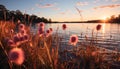 Sunset over meadow, nature beauty reflected in tranquil pond generated by AI Royalty Free Stock Photo