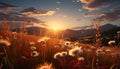 Sunset over meadow, nature beauty in a tranquil scene generated by AI Royalty Free Stock Photo