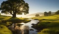 Sunset over the meadow, nature tranquil beauty generated by AI