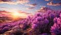 Sunset over a meadow, purple flowers bloom in nature beauty generated by AI