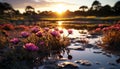 Sunset over meadow, purple flowers bloom in nature generated by AI