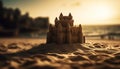 Sunset over medieval ruins on the coastline, a fantasy landscape generated by AI