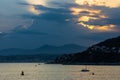 Sunset over Mediterranean Sea Nice Bay and Alpes coast offshore Saint-Jean-Cap-Ferrat resort town on Cap Ferrat cape in France Royalty Free Stock Photo