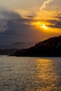 Sunset over Mediterranean Sea Nice Bay and Alpes coast offshore Saint-Jean-Cap-Ferrat resort town on Cap Ferrat in France Royalty Free Stock Photo