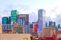 SUnset over Miami Florida skyline with illuminated modern buildings