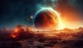 Sunset over the Milky Way, a futuristic natural phenomenon exploding generated by AI