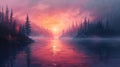 Sunset over a misty lake with forest silhouette Royalty Free Stock Photo