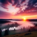 Sunset over Misty Landscape in the Czech Republic with Yellow and Pink Sky Royalty Free Stock Photo