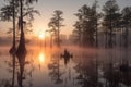 Sunset Over a Misty Swamp with Cypress Trees and Water Reflections Royalty Free Stock Photo