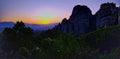 Sunset over monastery in Meteora, Greece Royalty Free Stock Photo