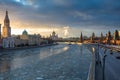 Sunset over Moscow river and Kremlin embankment at winter Royalty Free Stock Photo