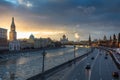 Sunset over Moscow river and Kremlin embankment at winter Royalty Free Stock Photo