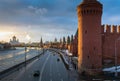 Sunset over Moscow river and Kremlin embankment at winter Royalty Free Stock Photo