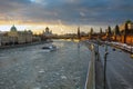 Sunset over Moscow river and Kremlin embankment at winter Royalty Free Stock Photo